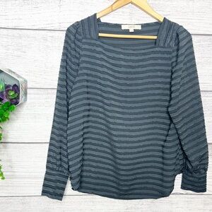LOFT Gray Textured Striped Square Neck Long Sleeve Blouse Top Size Small